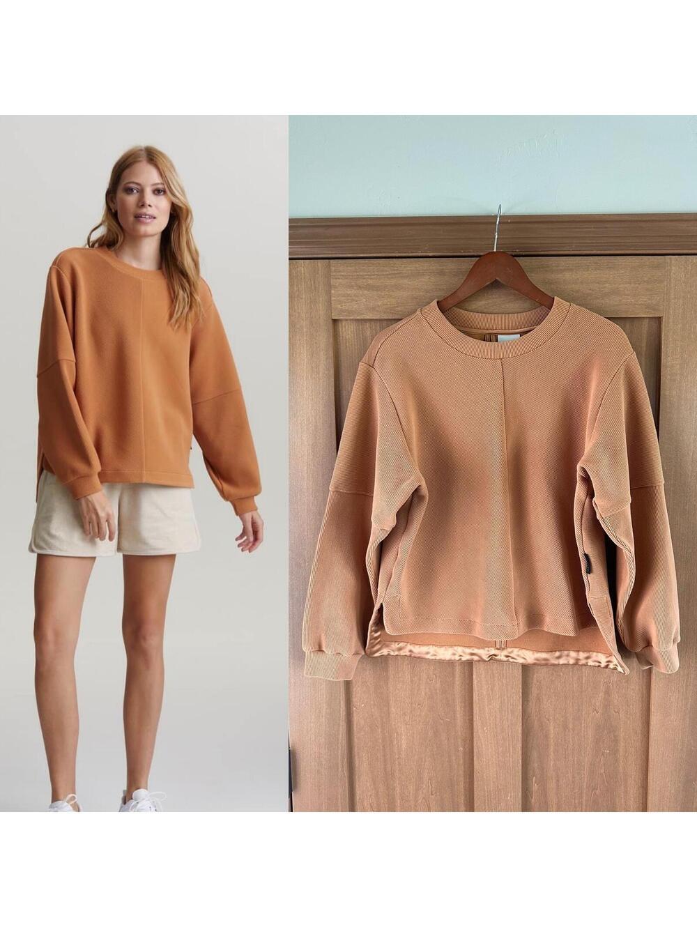 VARLEY Vanetta Ribbed Crewneck Keyhole Back Sweatshirt in Cashew Women’s Medium